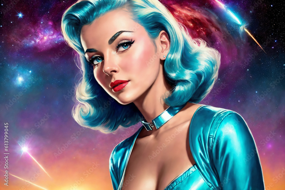 Naklejka premium Portrait of a beautiful woman in a polished aluminum suit as an astronaut, space theme in the retro futurism style of the 60s. Generative AI.