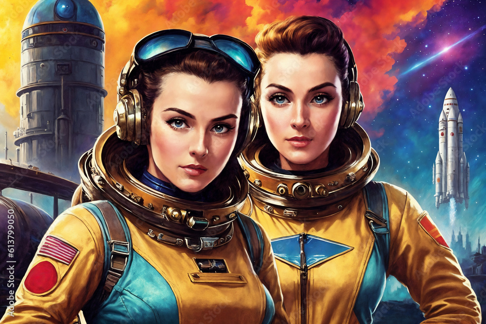 Portrait of a beautiful woman as an astronaut, space theme in the retro futurism style of the 60s. Generative AI. Portrait of a beautiful woman as an astronaut, space theme in the retro futurism style of the 60s. Generative AI.