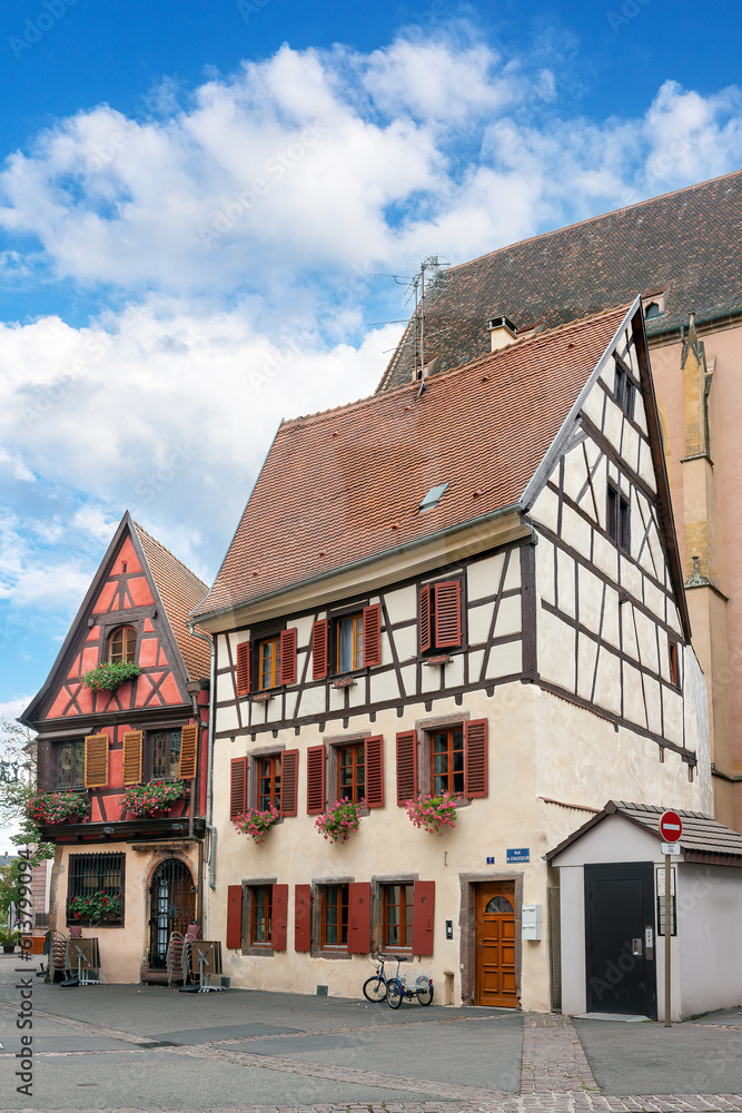Outdoor cafe in a half-timbered house in the center of Strasbourg. Alsace, France