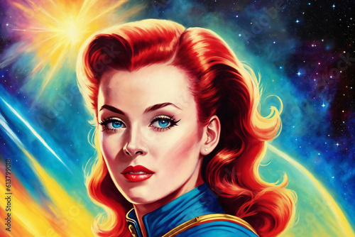 Woman as an astronaut on background of stars and universe, space theme in the retro futurism style of the 60s. Generative AI.