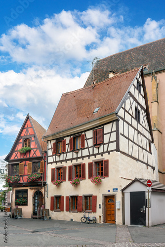 Outdoor cafe in a half-timbered house in the center of Strasbourg. Alsace, France