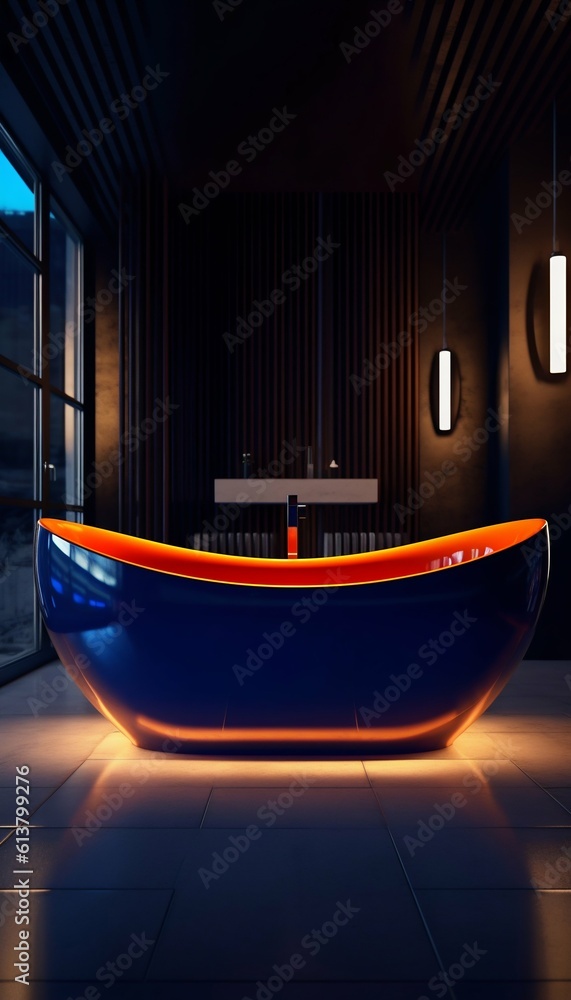 Modern Navy Blue and Orange Bathtub. Generative ai