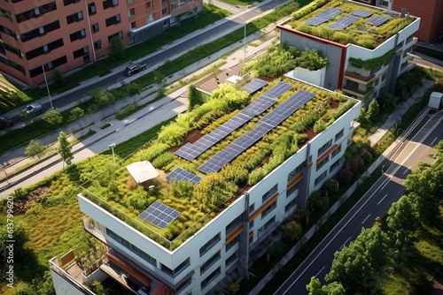 Modern green roof adorned with vibrant plants, complemented by strategically positioned solar panels for energy efficiency, creating a beautiful contrast.