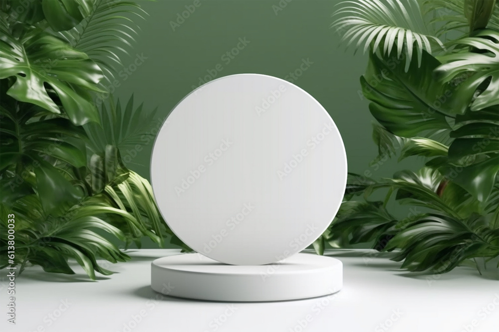 Podium for cosmetic product presentation with a round white stand in tropical forest for product presentation ultra realist no products on the round white stand , Summer cocktail, refreshing tropical Podium for cosmetic product presentation with a round white stand in tropical forest for product presentation ultra realist no products on the round white stand , Summer cocktail, refreshing tropical