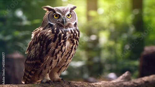 A close up portrait of an owl looking at the camera with trees background. AI Generative Image photo
