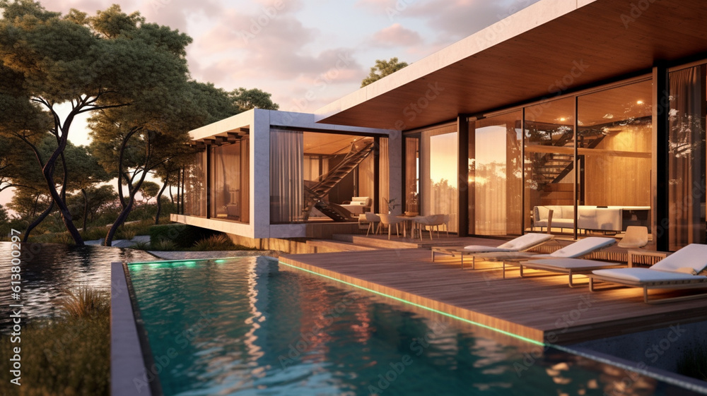 Obraz premium Modern cottage with swimming pool, modern style of decorating the cottage