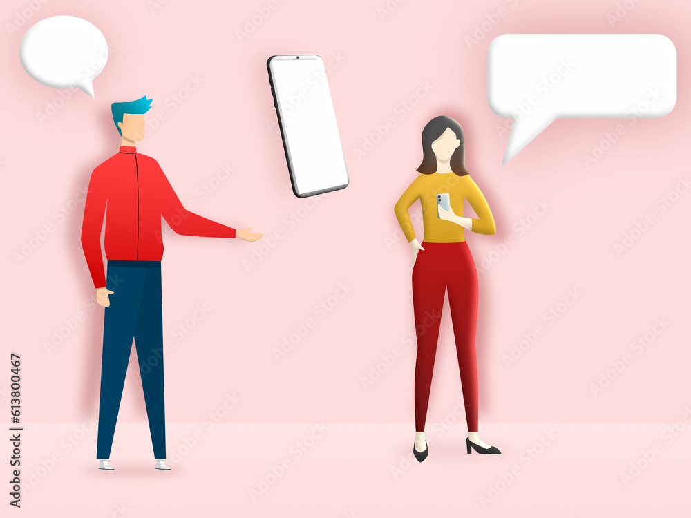 Obraz premium man speak with woman about smartphone. Communication people contact mobile phone with bubble speech. Illustration 3D for content communication male and female conversation, technology network 