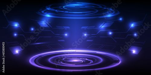 Vector illustrations of futuristic stage layout for showcase with digital element around for product advertising and game artwork.