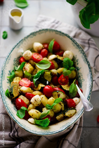 Italian Caprese salad with gnocchi and vegetables.. .style rustic