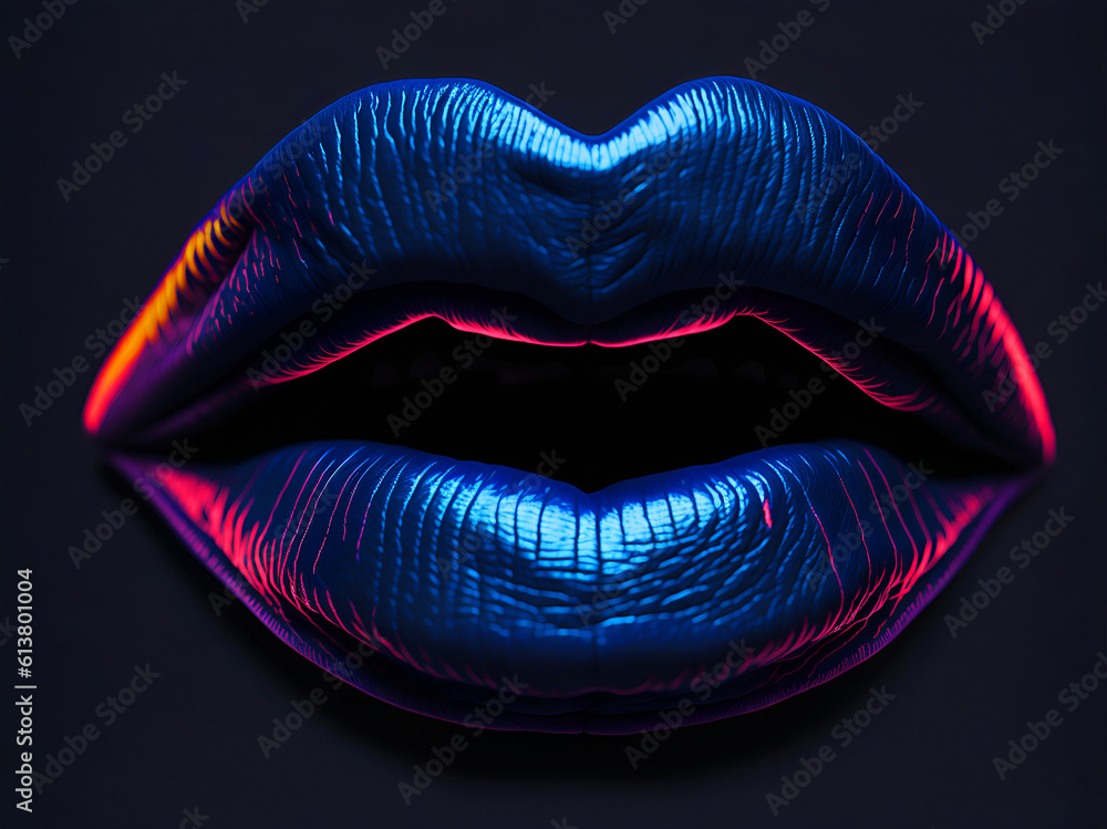 Big beautiful female lips in neon colors on a dark background. Generative AI Big beautiful female lips in neon colors on a dark background. Generative AI