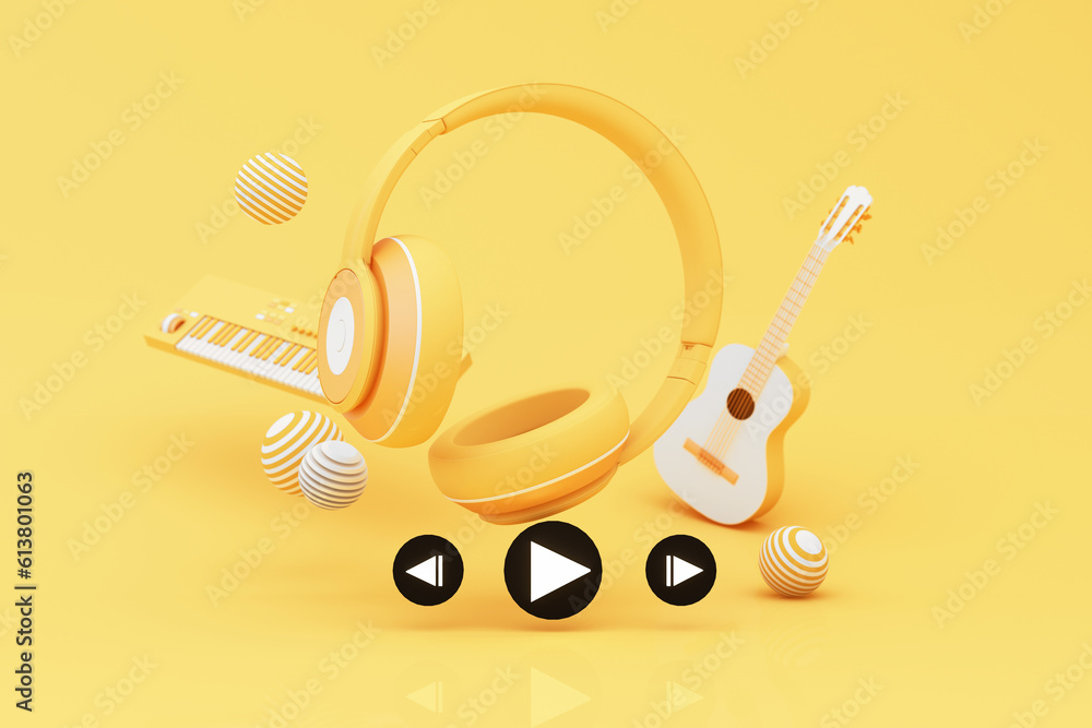 Obraz premium Headphones and smartphone with music notes floating on yellow background surrounded by Speaker with musical instruments. concept of fun song or music festival. 3d render illustration cartoon style