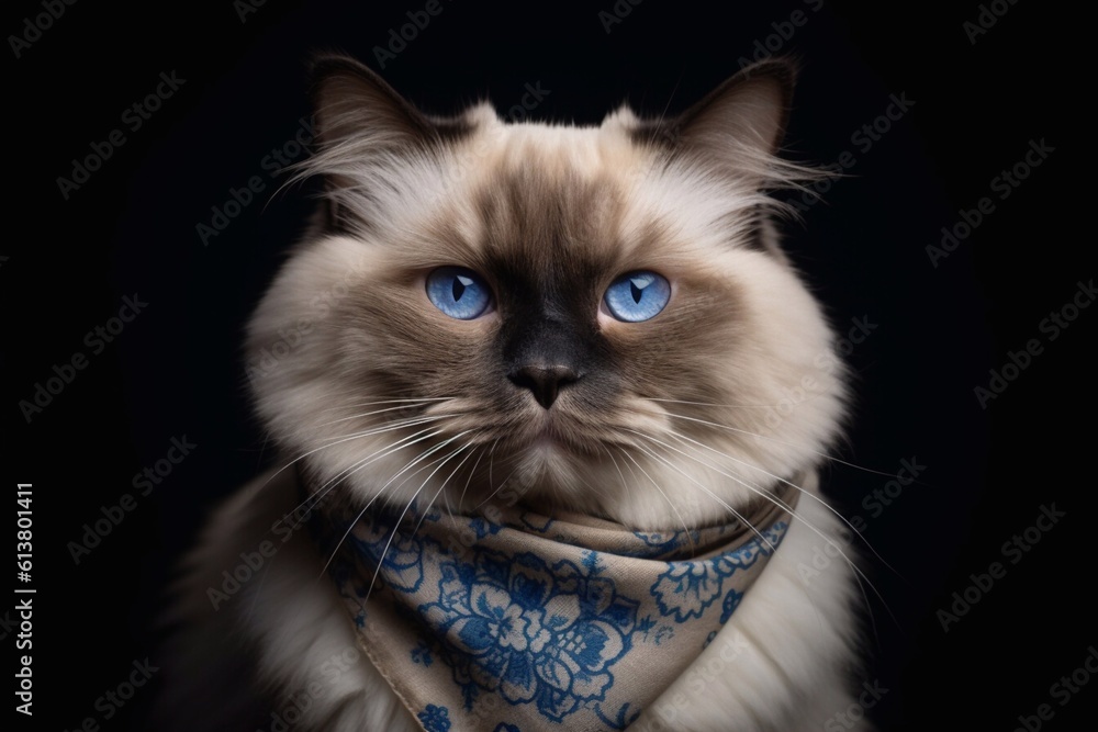 Scary portrait of Ragdoll cat while wearing scarf on dark background. Generative AI 