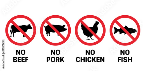 No pork, chicken, fish, and beef meat signs. No animal sign symbol icon collection vector