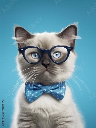 Portrait of a Ragdoll cat posing while wearing a scarf and glasses in a photo studio. Generative AI 