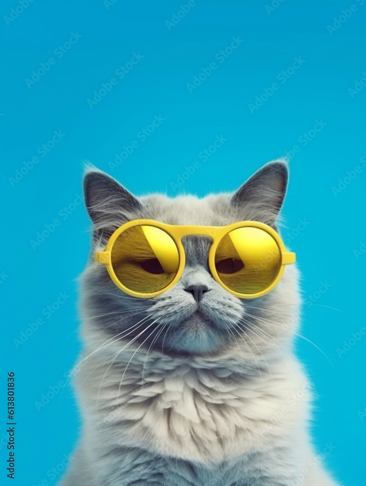 Cool portrait of cute Ragdoll cat using yellow glasses on blue background. Generative AI