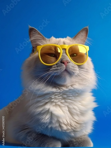 Cool portrait of cute Ragdoll cat using yellow glasses on blue background. Generative AI