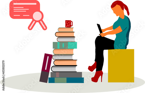 Weibliche junge Figur mit Laptop und Bücherstapel - Schreiben, lernen, lesen 