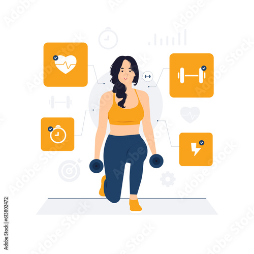 Healthy lifestyle, Exercises, Fitness, Workout, Training, Woman stretching exercises with dumbbell indoor sport activities concept illustration