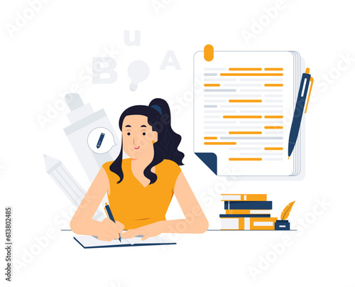 Content writing on paper sheet, writer, journalist, author, and copywriter concept illustration