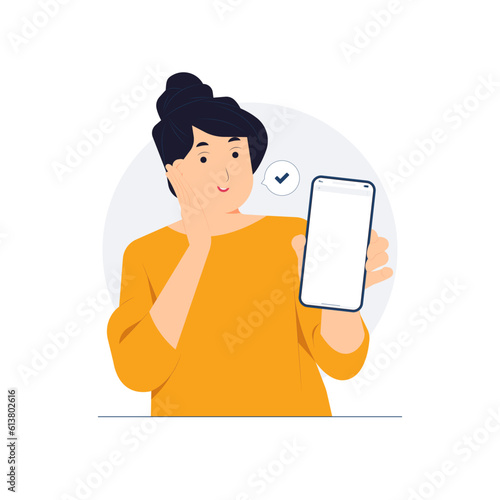 Excited woman showing blank screen empty mobile smart phone with copy space and pointing her index finger concept illustration
