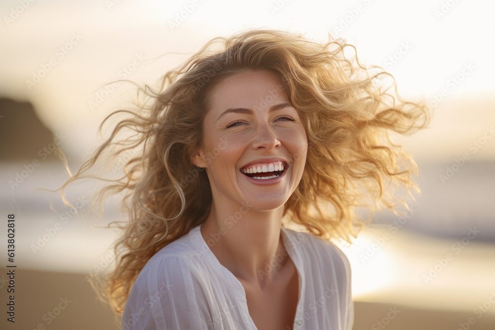 A happy woman on a beach vacation, smiling broadly with joy and gratitude, embodying happiness by the serene ocean. Generative Ai A happy woman on a beach vacation, smiling broadly with joy and gratitude, embodying happiness by the serene ocean. Generative Ai