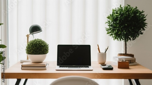 Minimalist Workspace Interior with Free Desk, Single Laptop, and Potted Plant. Generative ai