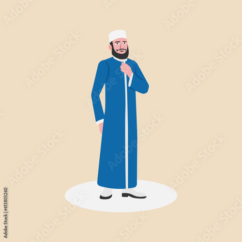 A man muslim Emam. Muslim Man Mufti.Islamic religion faithful man wearing traditional clothes. Vector Illustration.