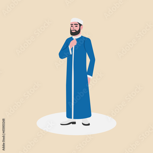 A man muslim Emam. Muslim Man Mufti.Islamic religion faithful man wearing traditional clothes. Vector Illustration.