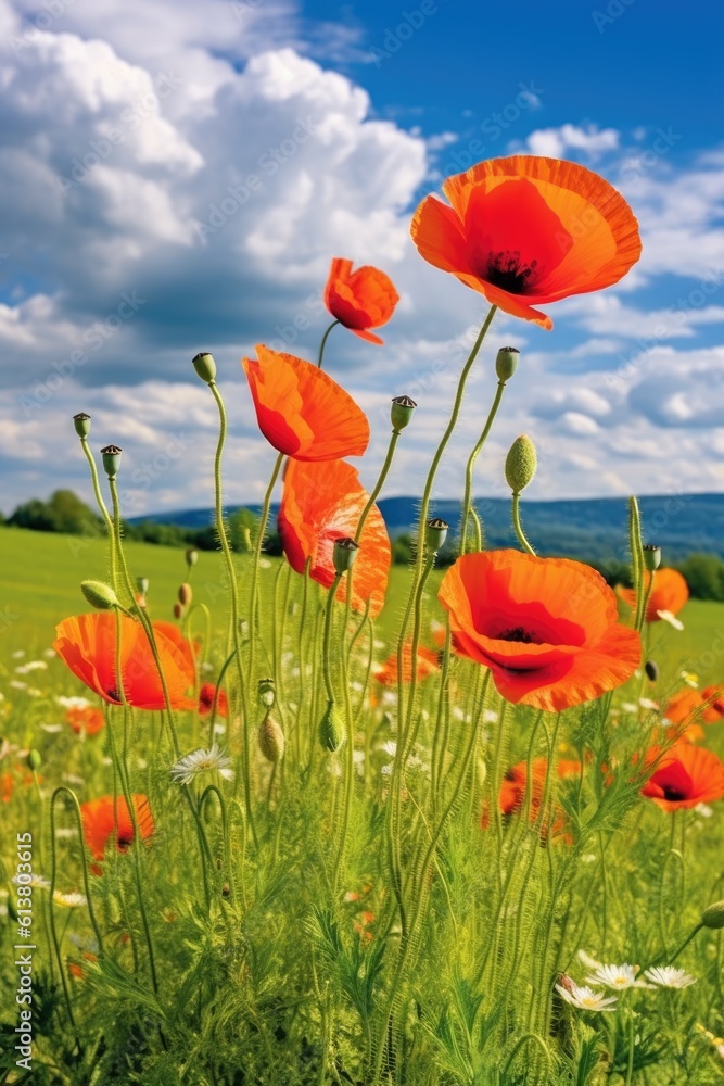 Obraz premium field of red poppies against blue sky background. AI Generative