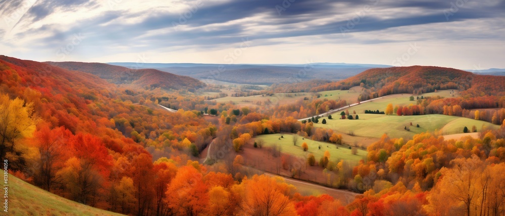 Panoramic View of Colorful Autumn Foliage Blanketing Rolling Hills and Valleys. Generative ai