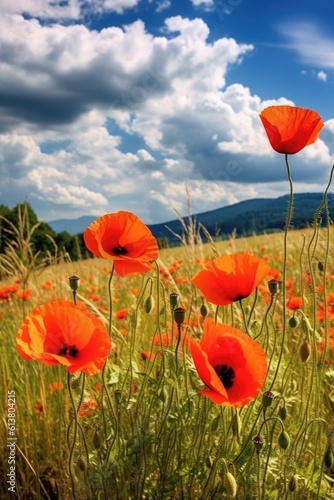 field of red poppies against blue sky background. AI Generative