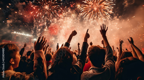 Photo of a colorful fireworks display lighting up the night sky while a group of people watch in awe