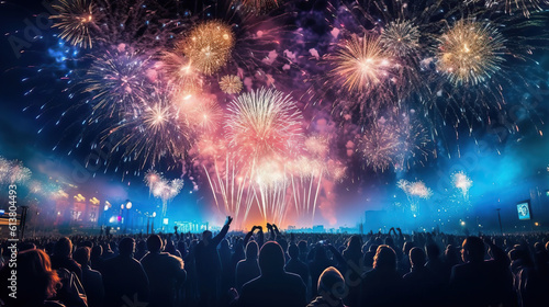 Photo of a colorful fireworks display lighting up the night sky while a group of people watch in awe