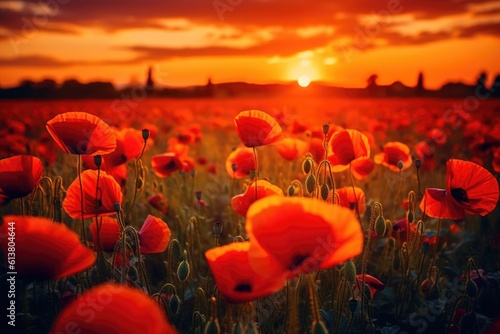 field of red poppies in the sunset light. AI Generative © dark_blade