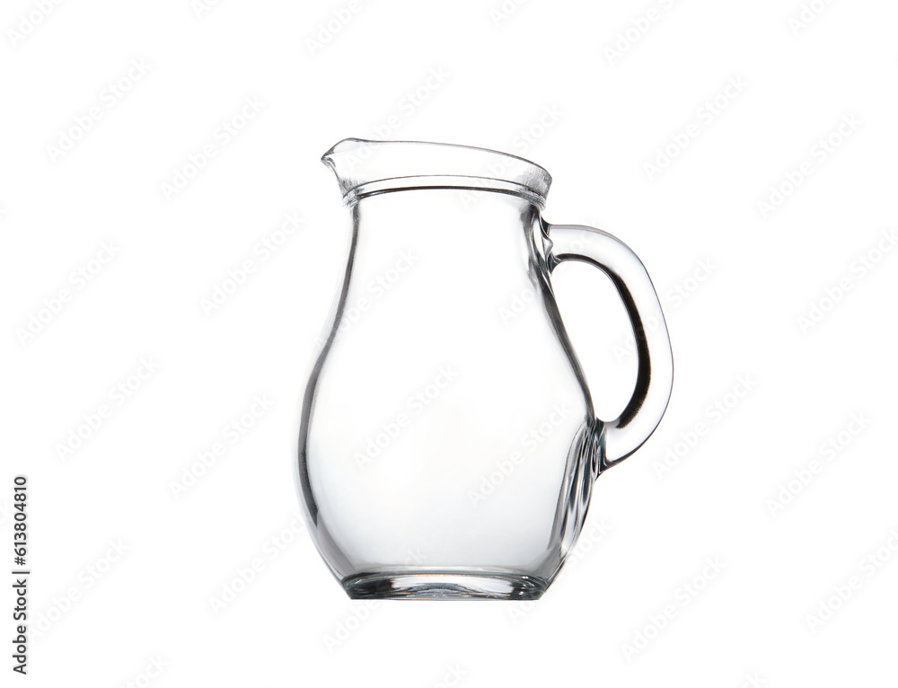 Side view of glass water jug on white background. Space for text, for advertising, menu and printed materials Side view of glass water jug on white background. Space for text, for advertising, menu and printed materials