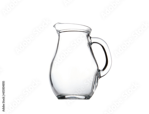 Side view of glass water jug on white background. Space for text, for advertising, menu and printed materials