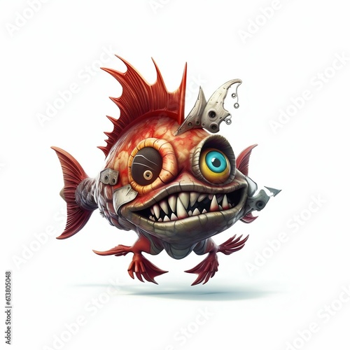 Scary Devil Fish Cartoon Character on White Background. Generative ai