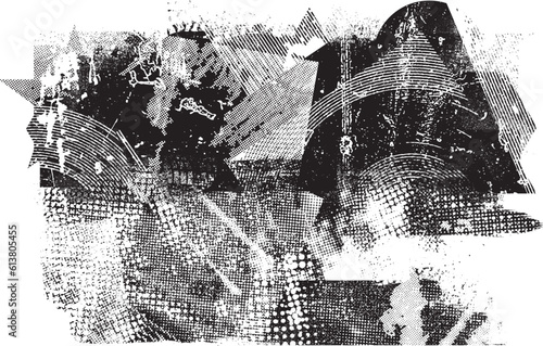 Glitch distorted grunge layer  . Noise destroyed texture . Trendy defect error shapes . Overlay grunge texture . Distressed effect .Vector shapes with a halftone dots screen print texture.