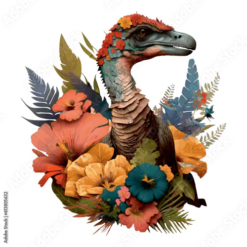 Velociraptor dinosaur with tropical flowers. . Emblem of a vintage dinosaur Sticker. Cute design for print, clothes, postcard, t-shirt, logo, icon