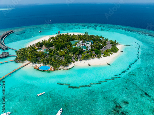 Fototapeta Naklejka Na Ścianę i Meble -  Aerial View, Maldives, North Malé Atoll, Indian Ocean, Thulhagiri Island Resort with Water Bungalows