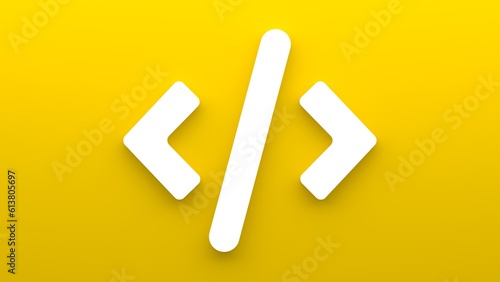 Minimalistic program code icon and quotation marks. 3d rendering of a flat icon on a yellow background.