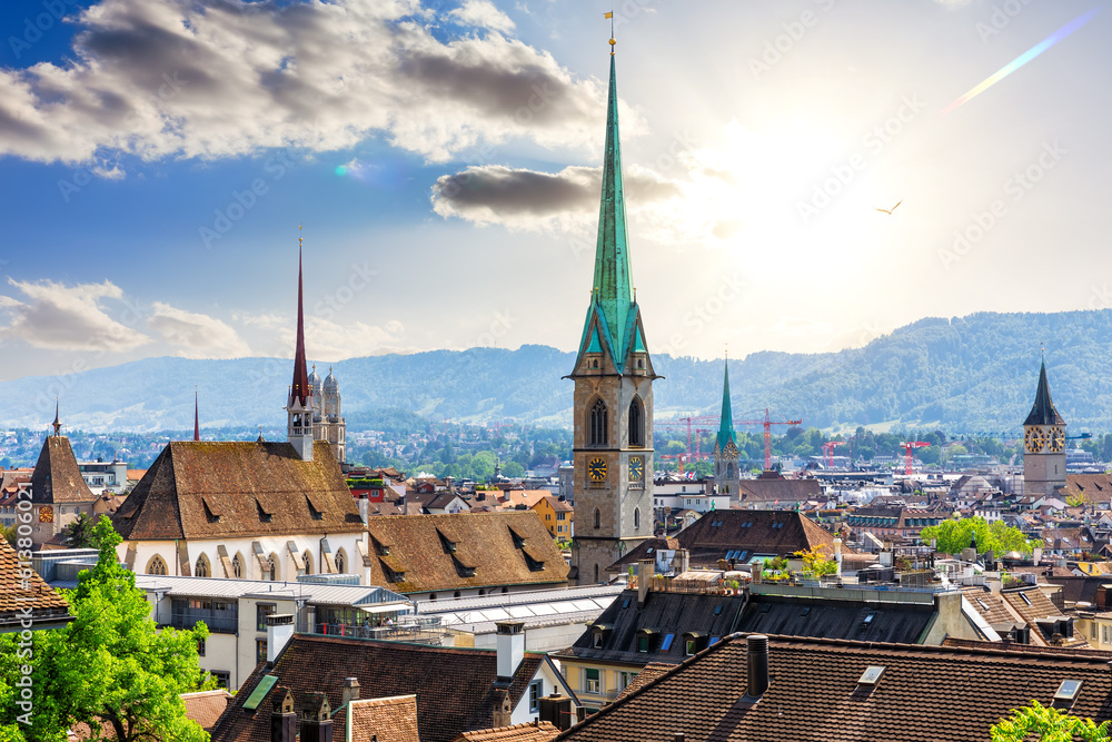 Aerial panorama on the downtown of Zurich at sunny day, Switzerland