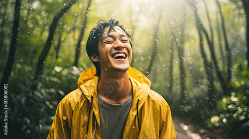 Image of positive young korean man smiling during rain in tropical forest. Cheerful male enjoying the rain outdoors.