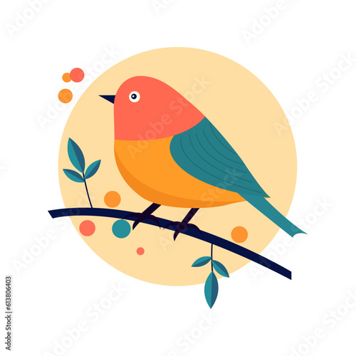 Illustration of a colored small bird perched on a tree limb with brightly colored leaves and flowers. vector illustration art