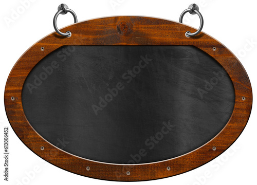 Old blank blackboard with wooden oval frame (ellipse shape) and steel rings for hanging. Isolated on white or transparent background and copy space, template. png.