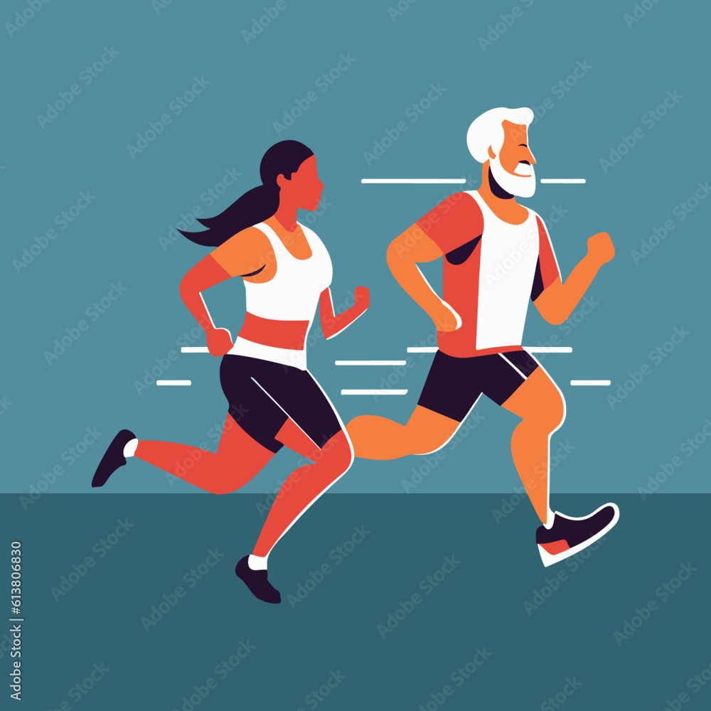 A man and a woman in sportswear running or jogging. Happy man and woman training outside together. Sports activity, healthy lifestyle. Artistic vector illustration in flat cartoon style.