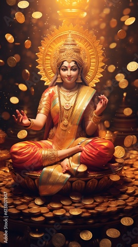 Foto Tranquil Portrayal of Lakshmi, Hindu Goddess of Wealth, Seated on Lotus with Flowing Gold Coins