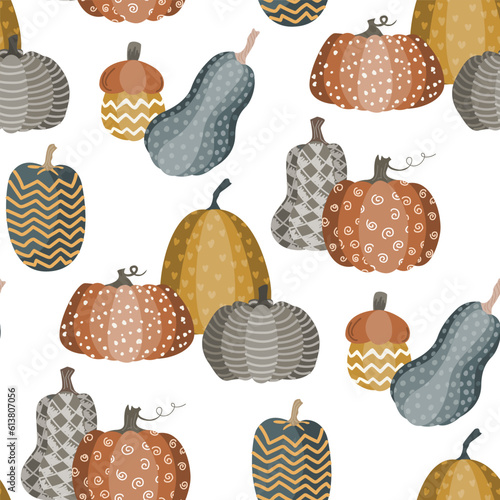 Cute doodle pumpkins seamless pattern. Halloween or Thanksgiving day background. Vector illustration.