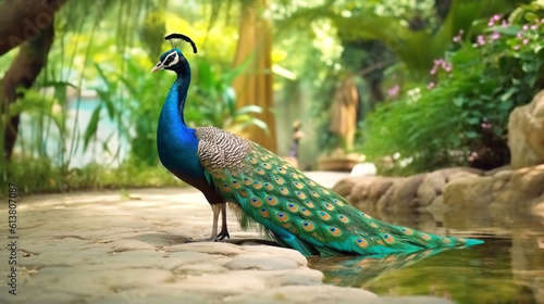 Blue peacock in the zoo. AI Generative Image photo