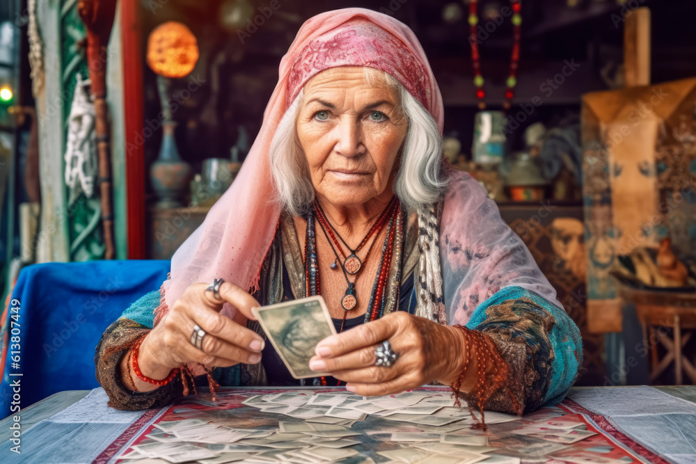 Gypsy woman fortune teller working with tarot cards, predicting future, looking directly into camera, esoteric mysticism decorations in background. Generative AI